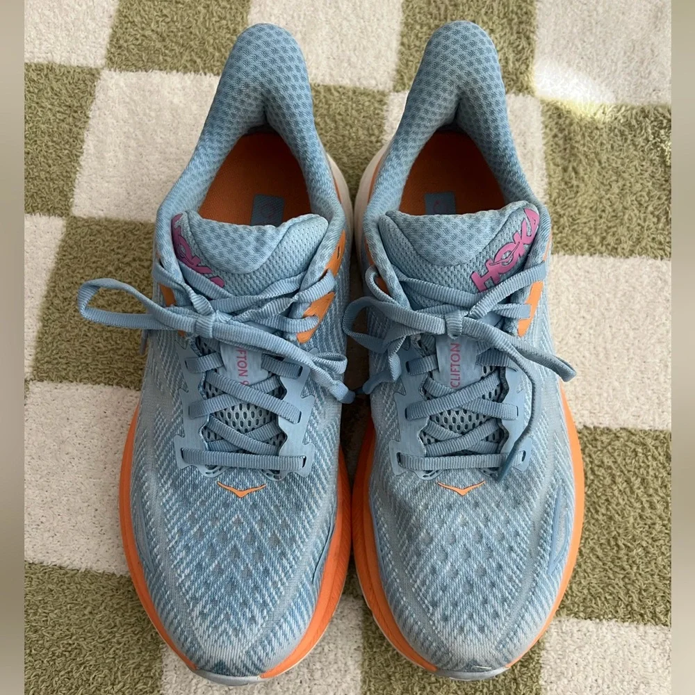 Hoka Clifton 9 Light Blue and Orange Athletic Running Shoes - Picture 2 of 7